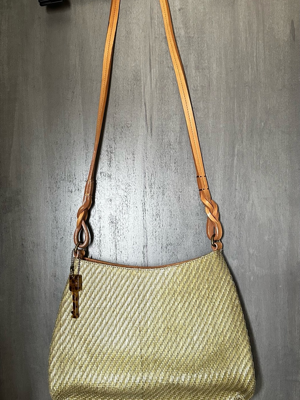 Fossil Metallic Gold Woven Shoulder Bag with Tan Leather Strap